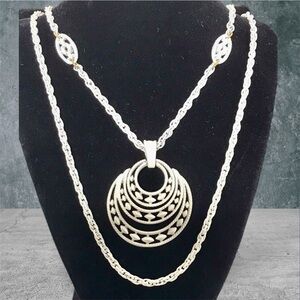 Vintage Crown Trifari White Enamel 2 Strand Pendant Necklace.